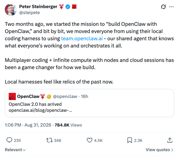 Peter Steinberger:两个月实现用OpenClaw构建OpenClaw,共享agent编排全局,本地编码harness已成历史