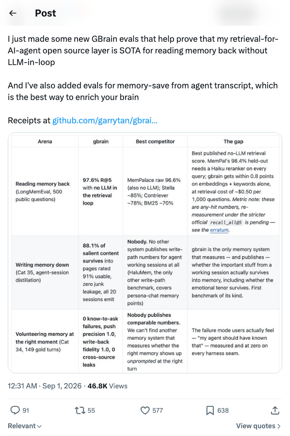 YC CEO Garry Tan:GBrain新评测证明无LLM循环读记忆达SOTA,记忆保存评测同步上线