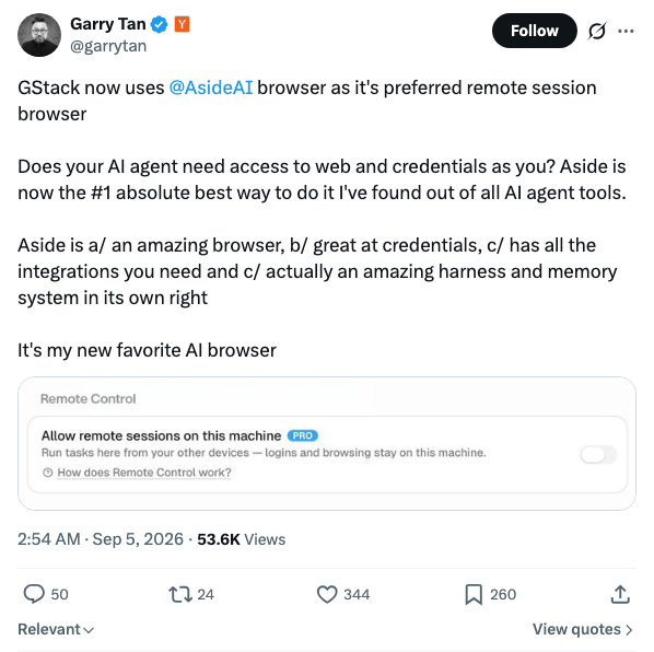 YC CEO Garry Tan:配置Slack花2小时的OpenClaw,被AsideAI 3分钟完成且功能更全,已成GStack首选浏览器
