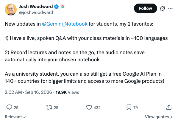 Google Labs 副总裁 Josh Woodward：Gemini Notebook 学生版上线，可与课件实时语音问答