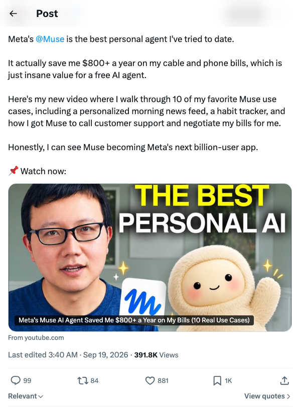AI教程作者Peter Yang：Meta的Muse是他试过最好的个人Agent，一年省下800美元并实测10个用例