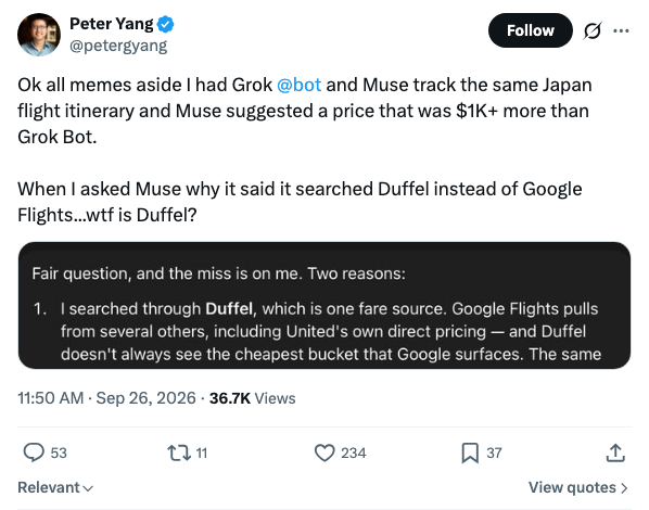AI 教程作者 Peter Yang 实测：同一份日本行程，Muse 报价比 Grok Bot 贵 1000 多美元