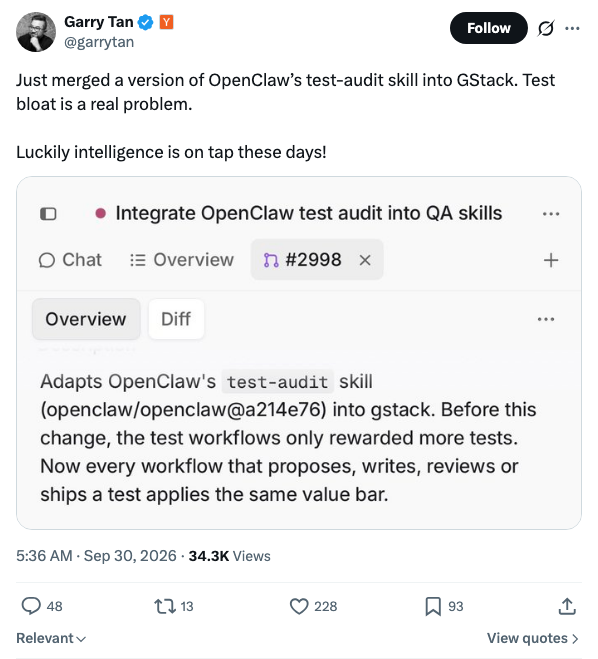 Y Combinator 总裁 Garry Tan：把 OpenClaw 的 test-audit 技能并入 GStack，用 AI 治理测试膨胀