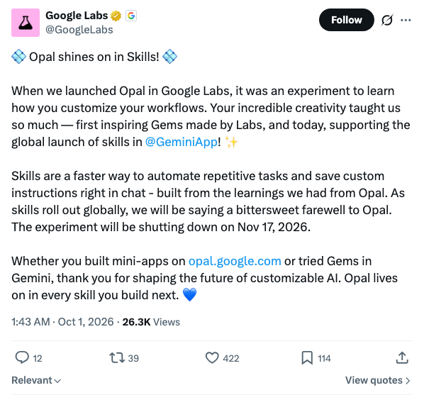 Google Labs：Opal 实验谢幕，Gemini Skills 全球上线自动化重复任务