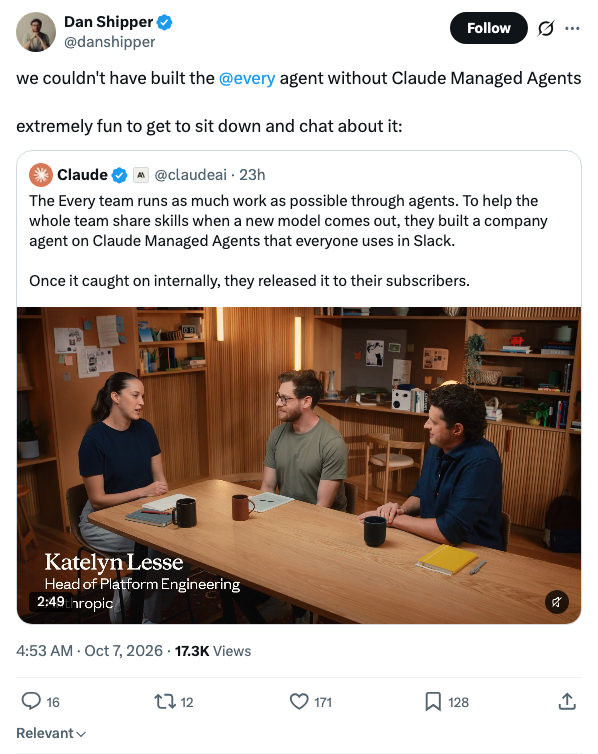 Every CEO：公司级 agent 让全员在 Slack 共用技能，模型一换即可同步