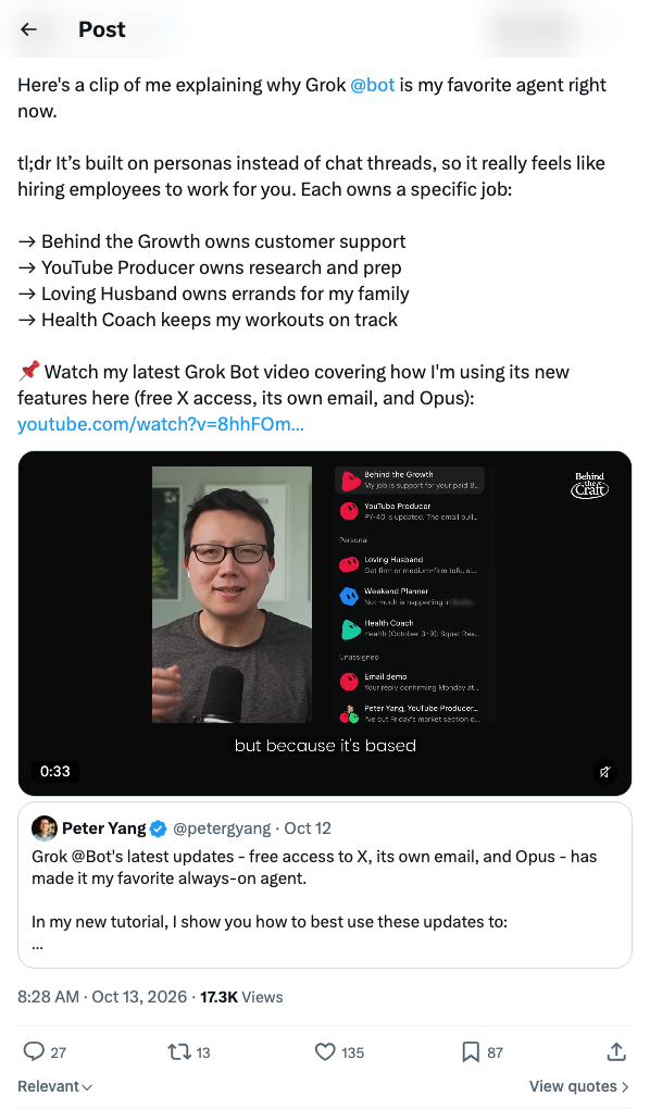 Peter Yang：Grok bot 用 persona 而非聊天线程，像真的在雇员工为你干活
