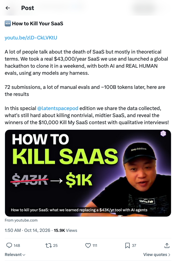 Swyx 复盘 Kill Your SaaS 挑战赛：72 支队伍用一个周末克隆掉一款 4.3 万美元/年的真实 SaaS