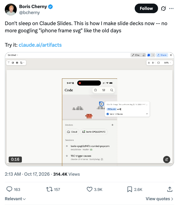 Claude Code 作者 Boris Cherny：现在做 PPT 只靠 Claude Slides，不再搜 iPhone 边框 SVG