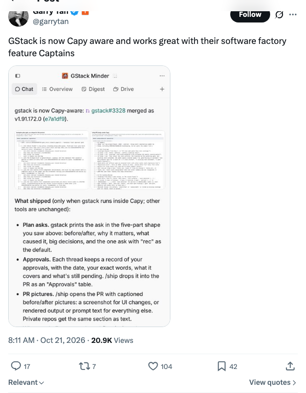 YC CEO Garry Tan:GStack 已适配 Capy 软件工厂与 Captains