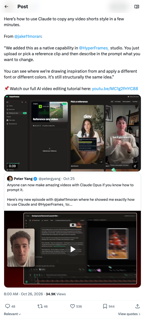 Peter Yang:用 Claude 几分钟复制任意短视频风格,只改字体配色